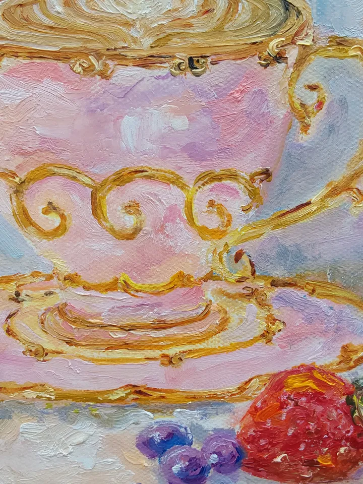 Oil painting "Still life. Cup of coffee with macarons" 20x20cm (8х8inc).