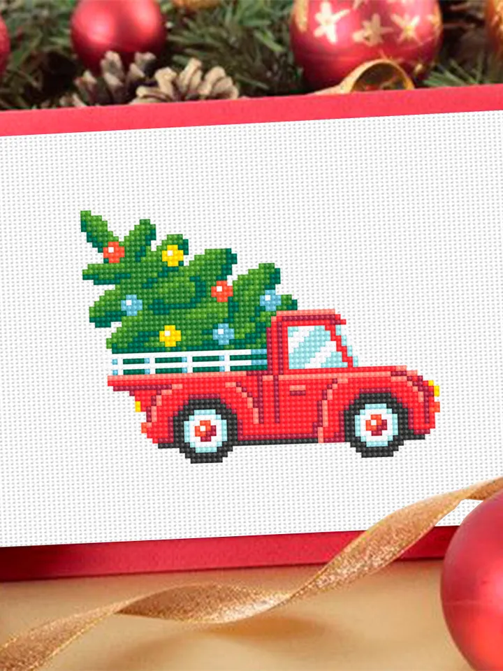Christmas red truck cross stitch pattern PDF download Small Christmas cross stitch chart, Christmas digital pattern PDF for beginner #N142