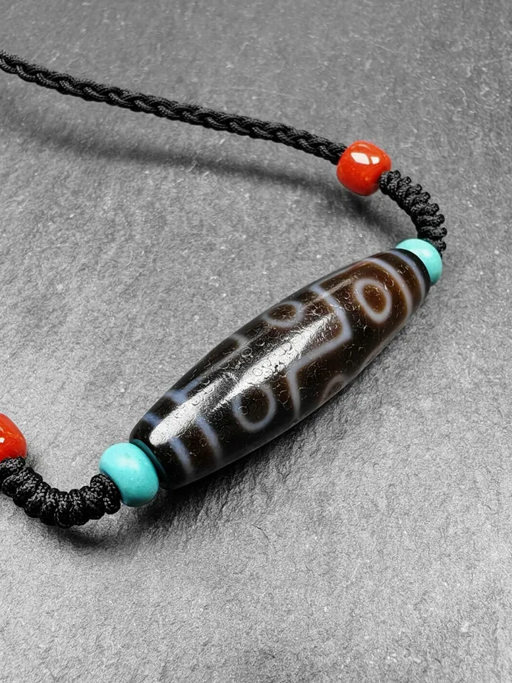 Gandhanra Vintage Tibetan 9 Eyes Dzi Bead Necklace,Protective Charm,Spiritual Gift,1.5&quot; x 0.4&quot;
