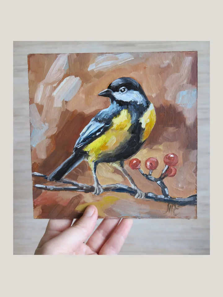 Original Oil Painting Adorable Chickadee Perched on Tree Branch Chickadee on Branch Bird Art Mini Oil Art for Nature Lovers