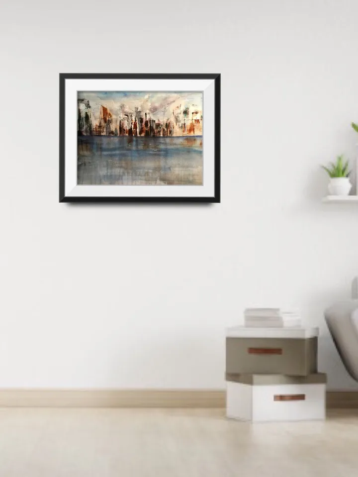 Semi-Abstract watercolour cityscape,original watercolour painting,cityscape wall art,seascape,skyline,skyscapes,blue grey copper painting