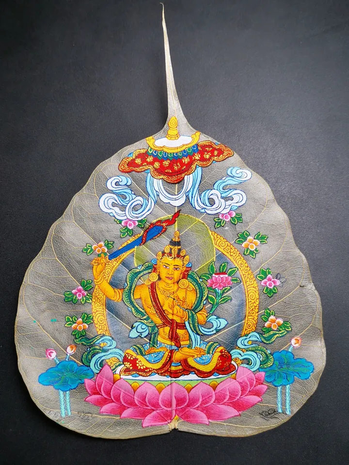 Gandhanra Handpainted Bodhi Leaf Thangka,Packed in Wooden Picture Frame,Painted with Natural Mineral Pigments,Manjusri Thangka