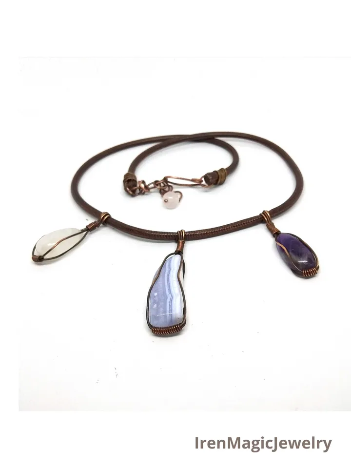 Necklace "Three stones" Moonstone Blue Agate Amethyst