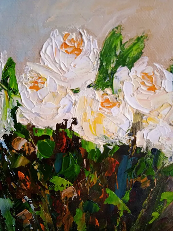 Roses White Flowers Original Oil Painting / Home Decoration / Composition / Art