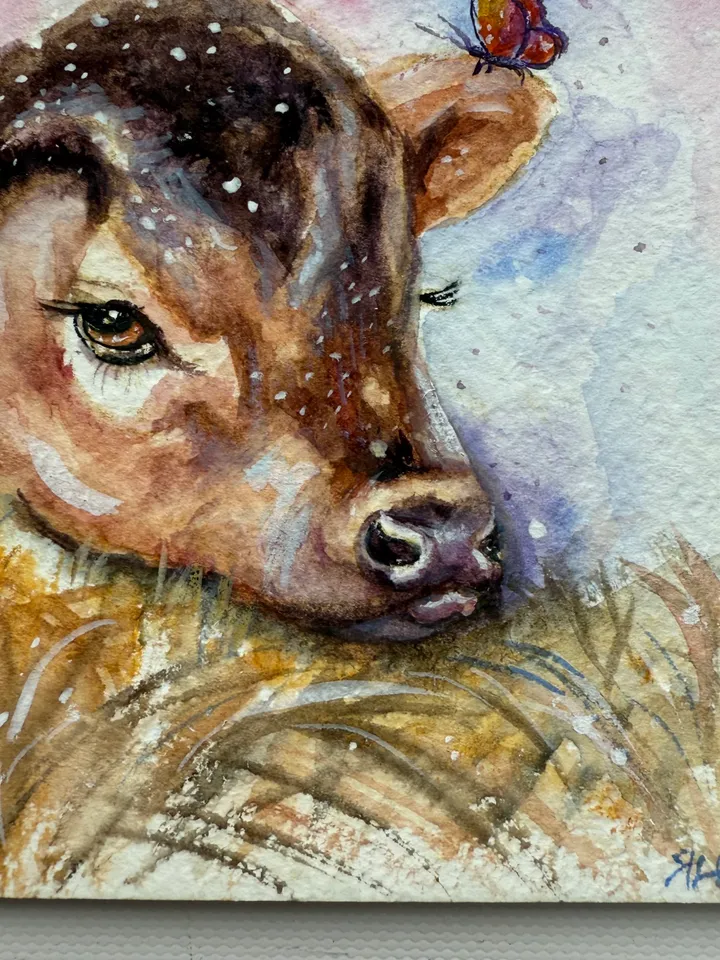Cow Painting Original Watercolor Painting Farm Art Gift Small Animal Artwork Illustration 5 by 5