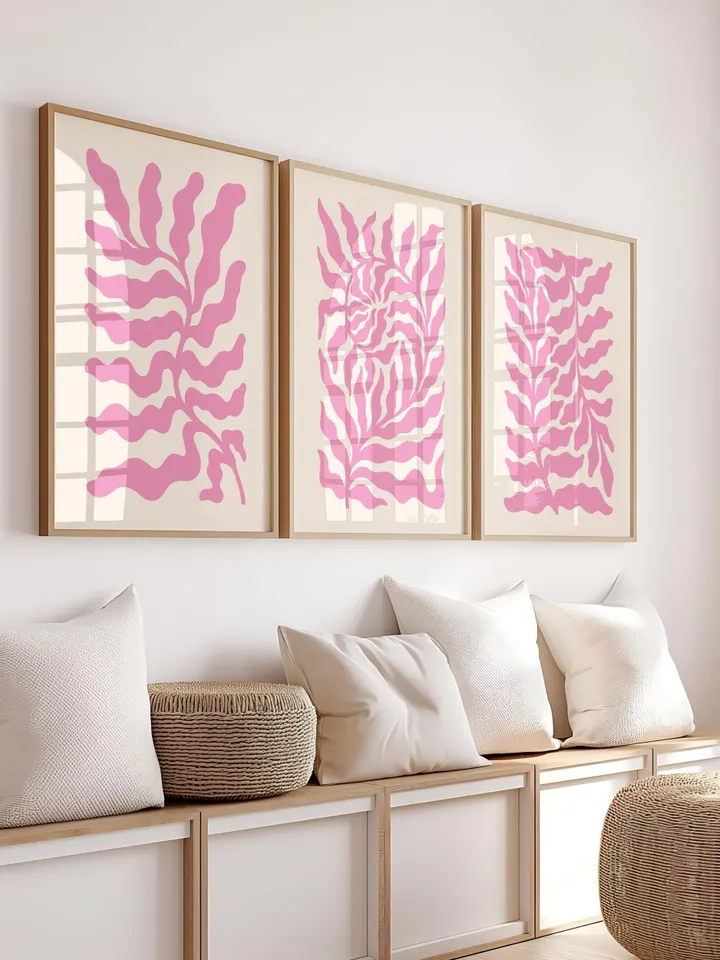 Soft Pink Abstract Leaf Trio Minimalist Botanical Wall Art Printable Digital Download Modern Gallery Set of 3