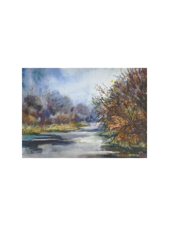 Autumn Pond Foggy Morning Melancholy Autumn ORIGINAL Watercolor Art 8x11 inches Signed by artist Marina Chuchko