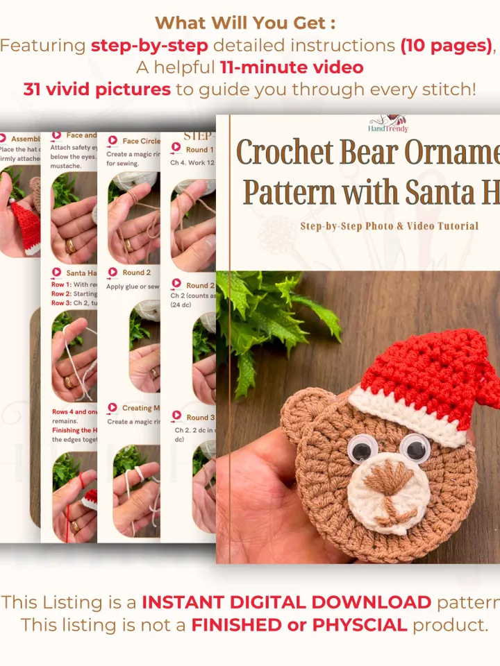 Crochet Santa Hat Pattern, Adorable Christmas Ornament Design for Beginners, Instant Download for Christmas Crochet PDF pattern