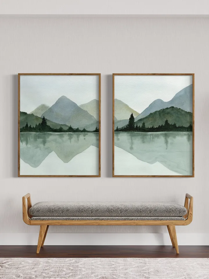 Mountain Lake Print Set Of 2, Large Lake Painting, Minimalist Wall Art, Mountain Forest Art, Living Room Decor,