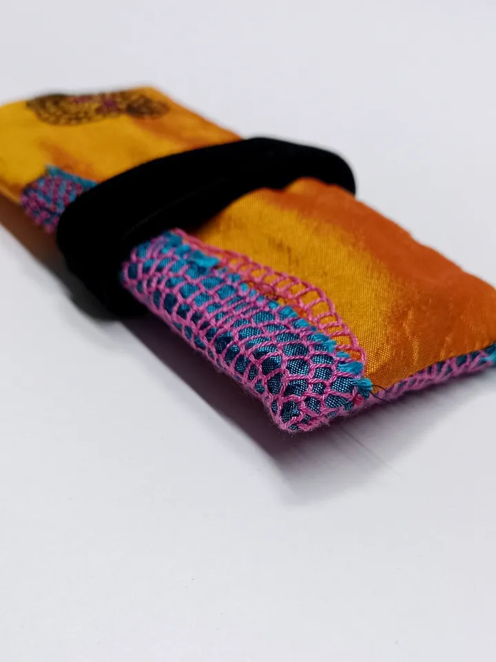 Pencil case with embroidery in Japanese boro style.