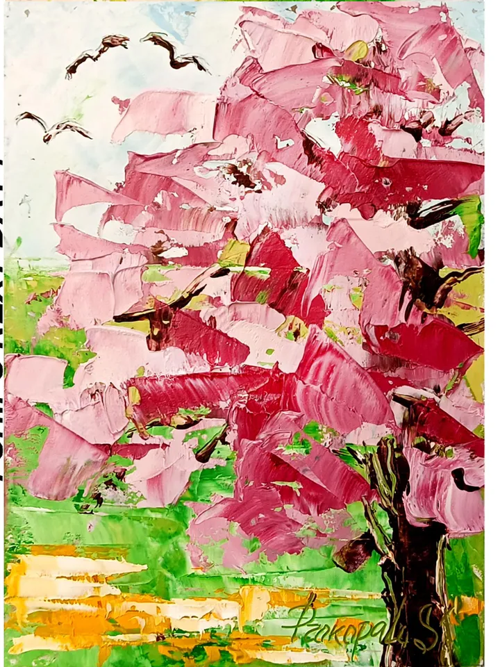 Sakura painting japan garden art original oil painting Small Original art Pink Trees wall art Pink peonies artwork New home gifts 7x5 in