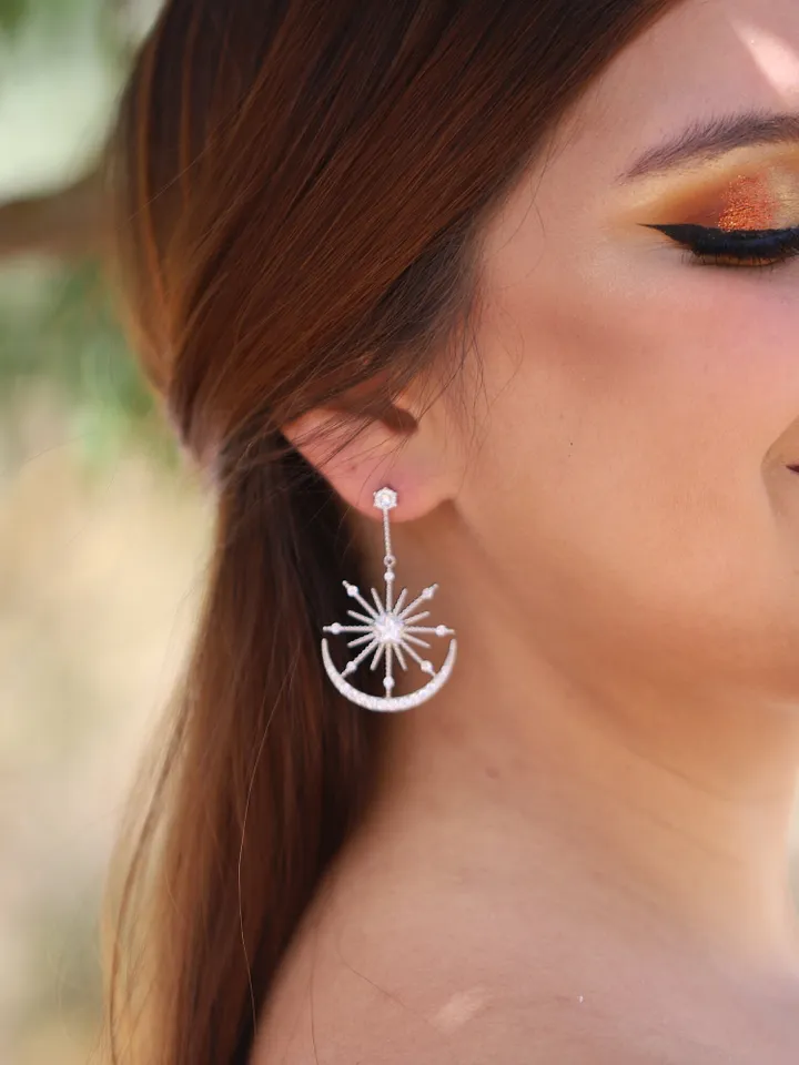Art deco Big Star Silver Wedding Earrings For Bride , Boho Bridal Earrings, Celestial Statement Earrings, Swarovski Crystal Wedding Jewelry