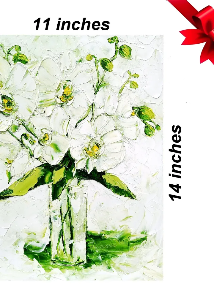 White Orchid Painting Floral Original Art Flowers Impasto Wall Art Orchids Artwork 14" by 11" by ArtProkopaloSv
