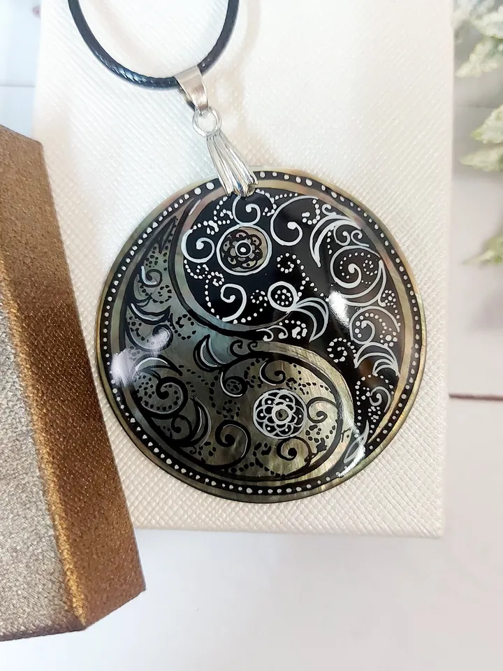 Pearl pendant necklace: Black paisley pattern in Yin Yang symbol hand painted on mother of pearl necklace • handmade boho jewelry pendant