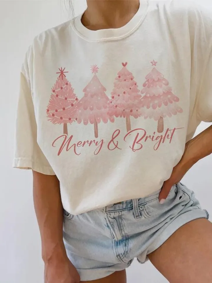 Merry & Bright PNG Sublimation File, Pink Pastel Christmas Sublimation Digital Download, Hand Drawn Christmas Trees, Pretty Pink Christmas