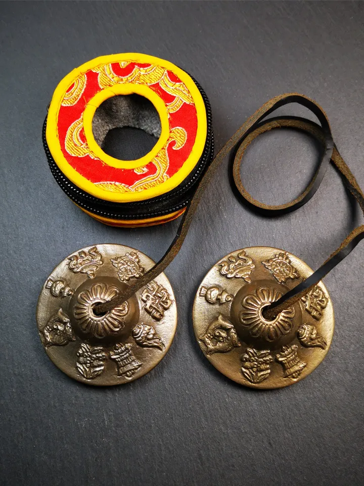 Gandhanra 6.5cm Tibetan Cymbals,Tingsha Bell,Buddhism Ritual Implement,Handmade in Nepal,Astamangal Pattern