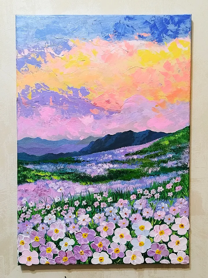 Sunset painting landscape art wildflowers wall decor