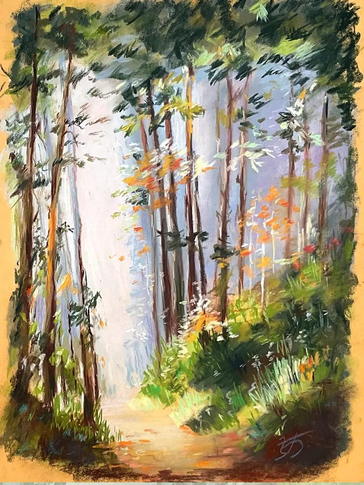 Sunlit Forest Pastel Painting by IrenFantasyArt – 12x16 Original Landscape on Pastelmat – Woodland Path Wall Art