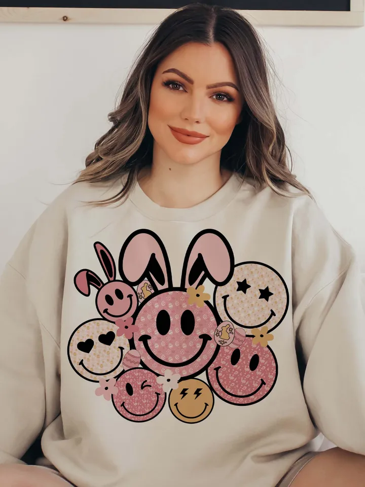 Soft Pink Easter png, Easter bunny smiley face png, Easter sublimation design, groovy easter png, bunny peeps png, easter spring bunny