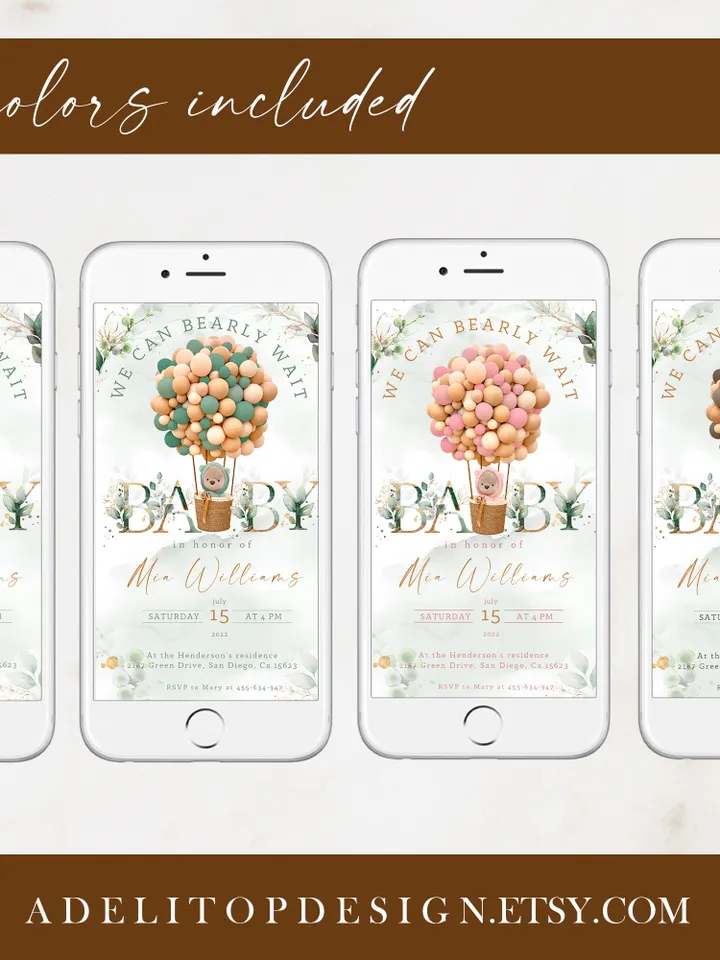 Teddy Bear Hot Air Balloon Baby Shower Digital Invitation; We can bearly wait; Editable Teddy Bear Ballons Baby Shower Smartphone Invitation