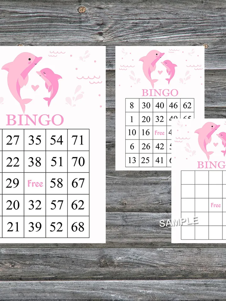 Pink Dolphin bingo cards,Dolphin bingo game,Dolphin printable bingo cards,60 Bingo Cards,INSTANT DOWNLOAD--200