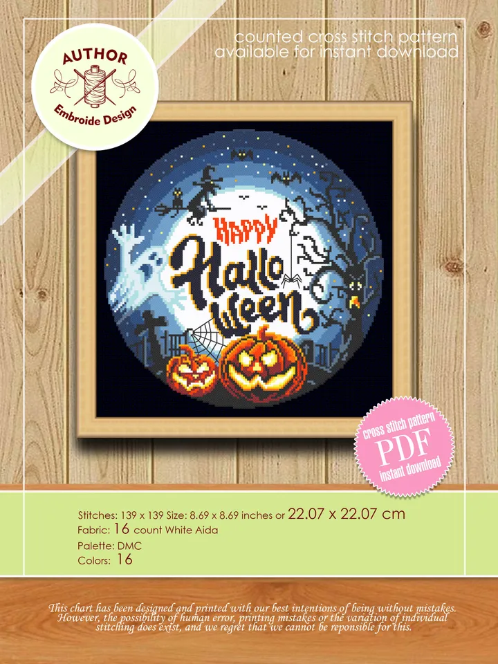 Happy Halloween cross stitch pattern download PDF Halloween moon cross stitch Spooky cross stitch chart Halloween night Magic embroidery #H8