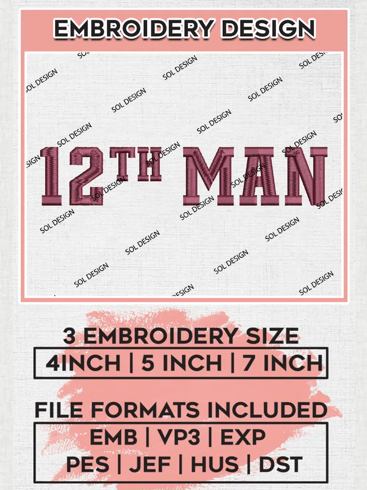 NCAA 12th Man Team Logo Embroidery Design Files, NCAA Texas A&M Aggies Machine Embroidery, NCAA Teams, 3 sizes, NCAA Machine embroidery designs, Digital Download