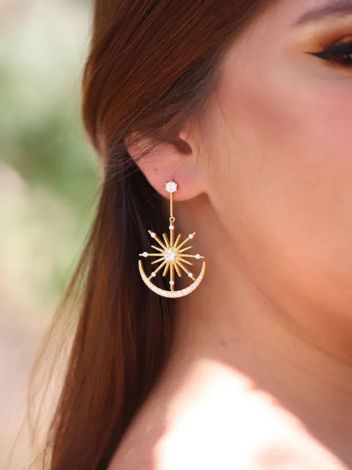 Big Star Gold Art deco Wedding Earrings For Bride, Celestial Statement Bridal Earrings, Swarovski crystal Wedding Earrings, Boho Jewelry