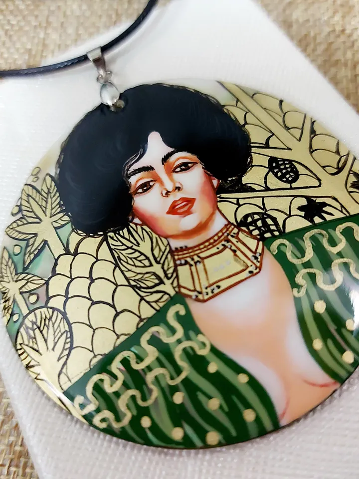 Pearl pendant necklace: Judith by Gustav Klimt on handmade necklace. Painted lacquer shell jewelry. Dainty gift for aesthetic women of power