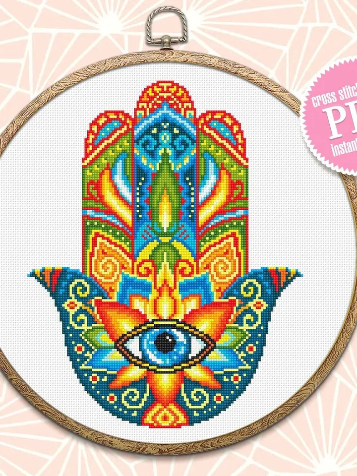 Hamsa hand cross stitch pattern download PDF, Mandala pattern PDF, Colorful Hand of Fatima cross stitch, Evil eye hamsa beginner stitch #M76