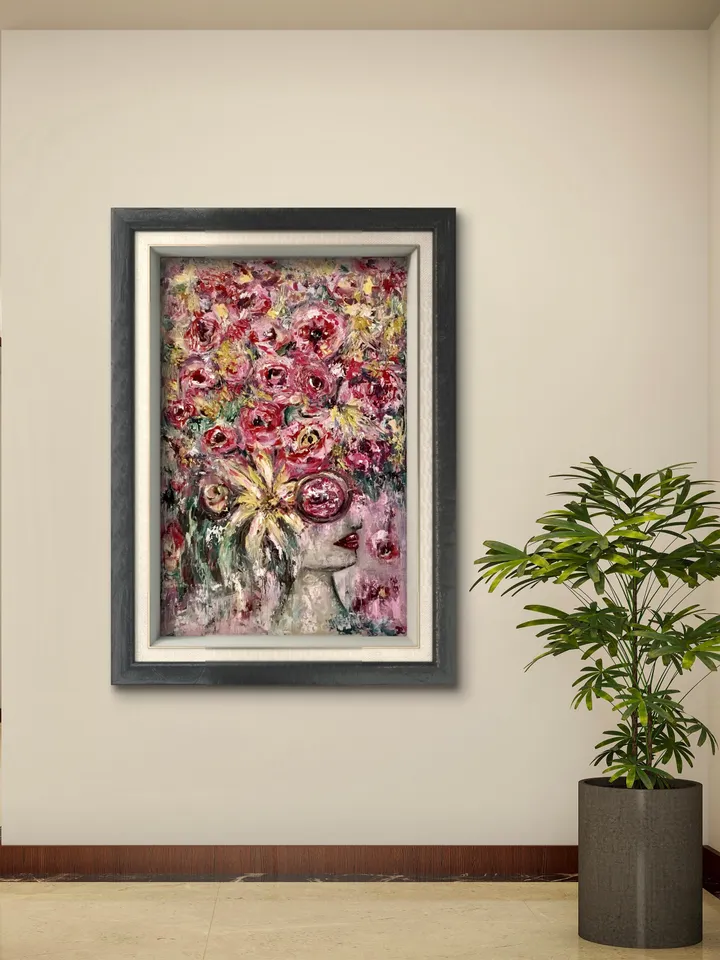 Pink wisdom-fantasy woman in flowers,womanoriginal oil painting,impasto painting,unique canvas art,original artwork,fantasy woman in roses.