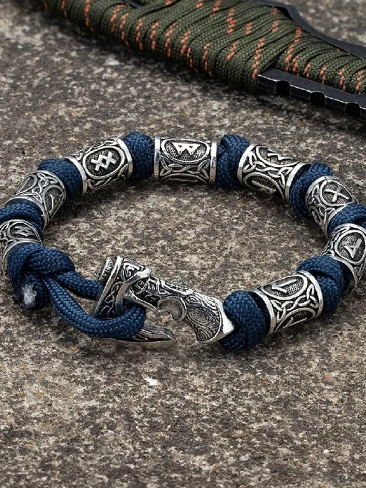 Handmade paracord and stainless steel bracelet with Viking runes