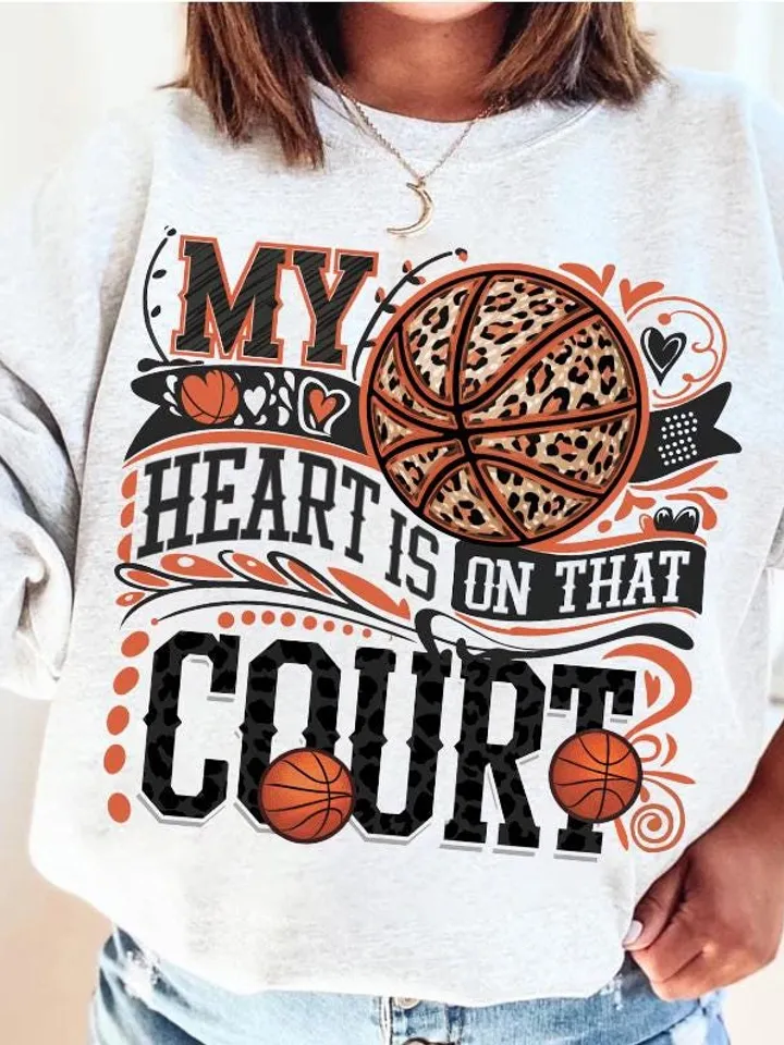 My heart is on that Court Basketball PNG Game Day Tshirt Design Leopard Heart Basketball Mom Mama Sublimation Design Digital Download File