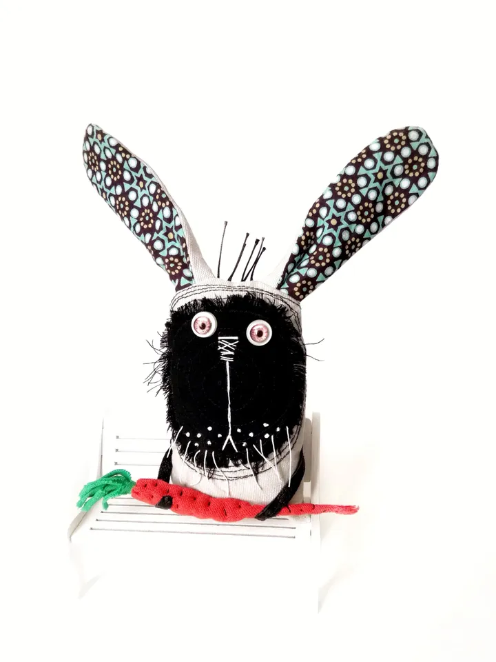 Handmade Quirky and Unique Fabric Art Doll Bunnies: One-of-a-Kind Fun Delightful Interior Decor Toys with a Spooky Twist. FREE SHIPPING!