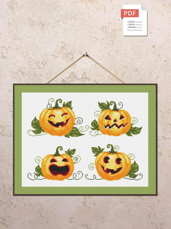 Set of 4 Pumpkins Cross Stitch Pattern, Halloween Cross Stitch Pattern, Pumpkin Cross Stitch Pattern, Halloweens Pumpkin #hld004