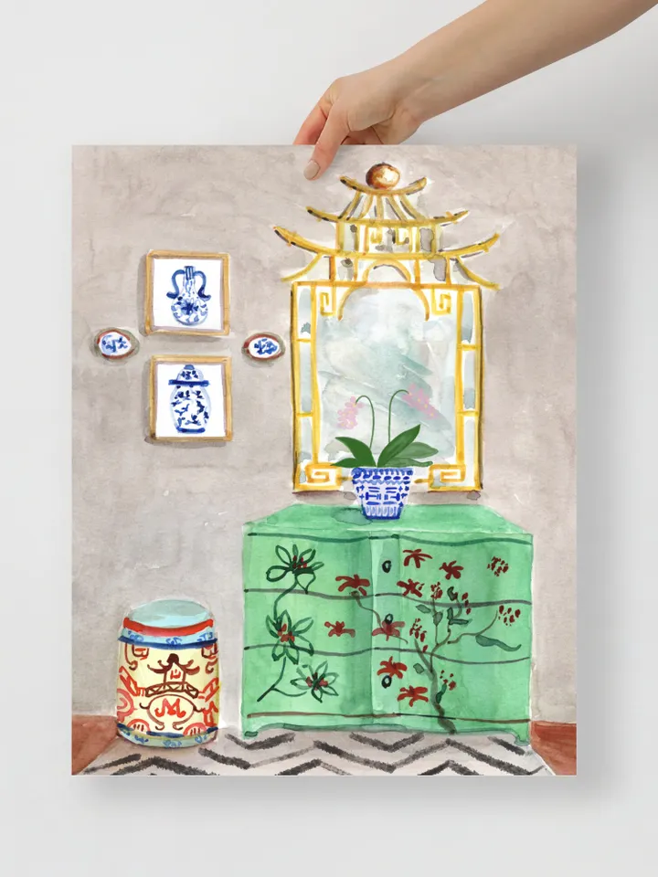 Chinoiserie Decor Watercolor Painting Print Green Chinoiserie Wall Art Painting Of Interior Ginger Jar Impressionist Art Christmas Art Gift