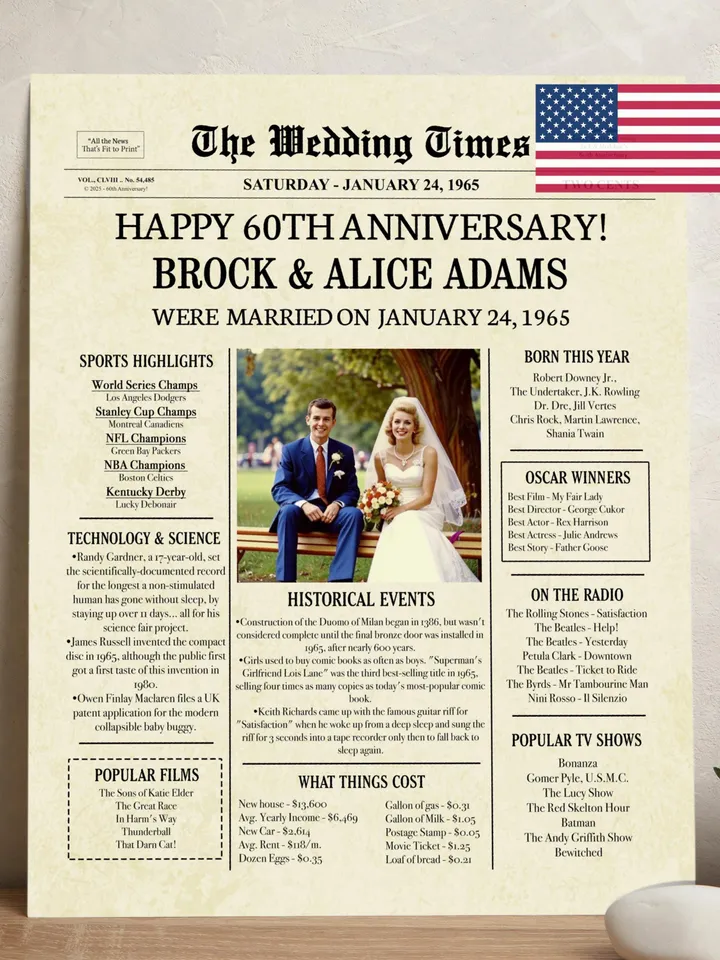 60th Wedding Anniversary Gift for Parents, 1965 Anniversary Newspaper Poster, 60th Anniversary Party Decor, Printable Digital File