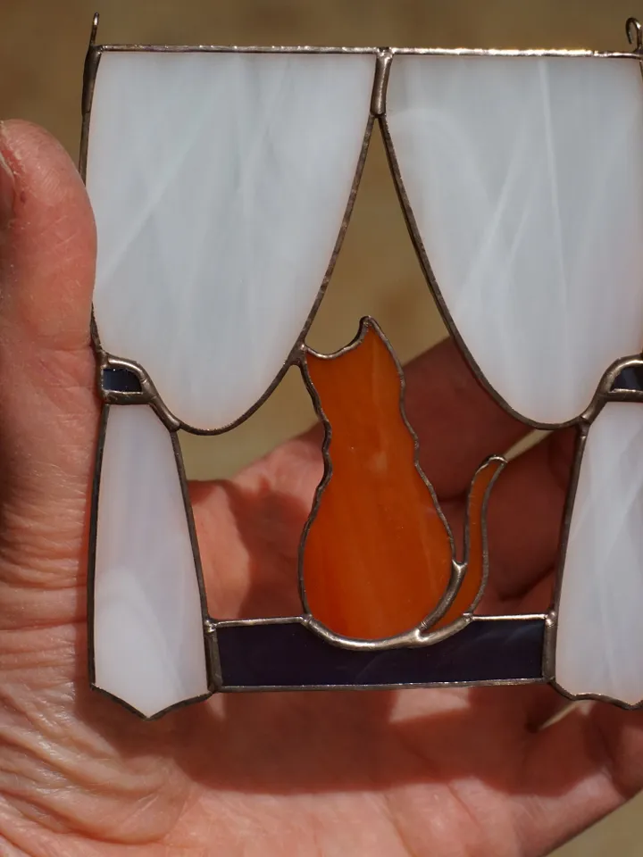 Orange Cat in the Window Stained glass window hanging Suncatcher . Gift for animal lover , pet loss memorial . ginger