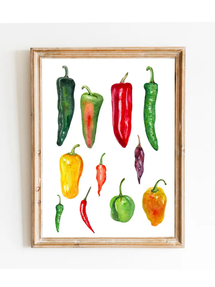 Chili Peppers Art Print, Watercolor Painting, Colorful Vegetables Art, Restaurant Decor, Kitchen Art Print, Chef Gift, Red Hot Pepper Print