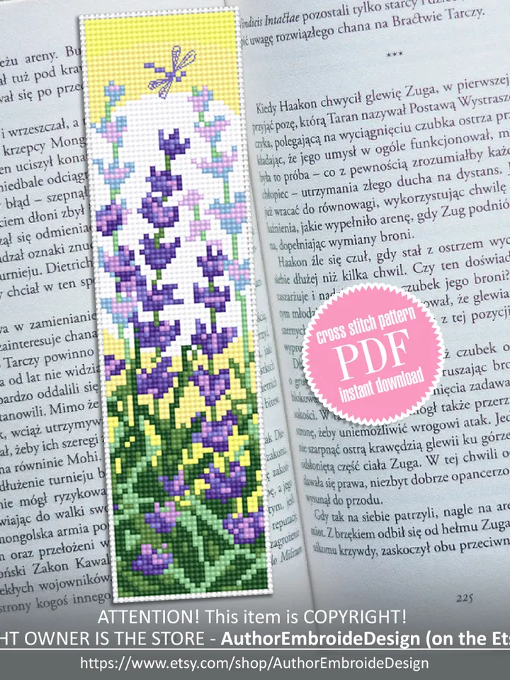 Lavender bookmark cross stitch pattern PDF download Floral cross stitch chart, Handmade bookmark digital PDF, Summer sunset, Provence #B197