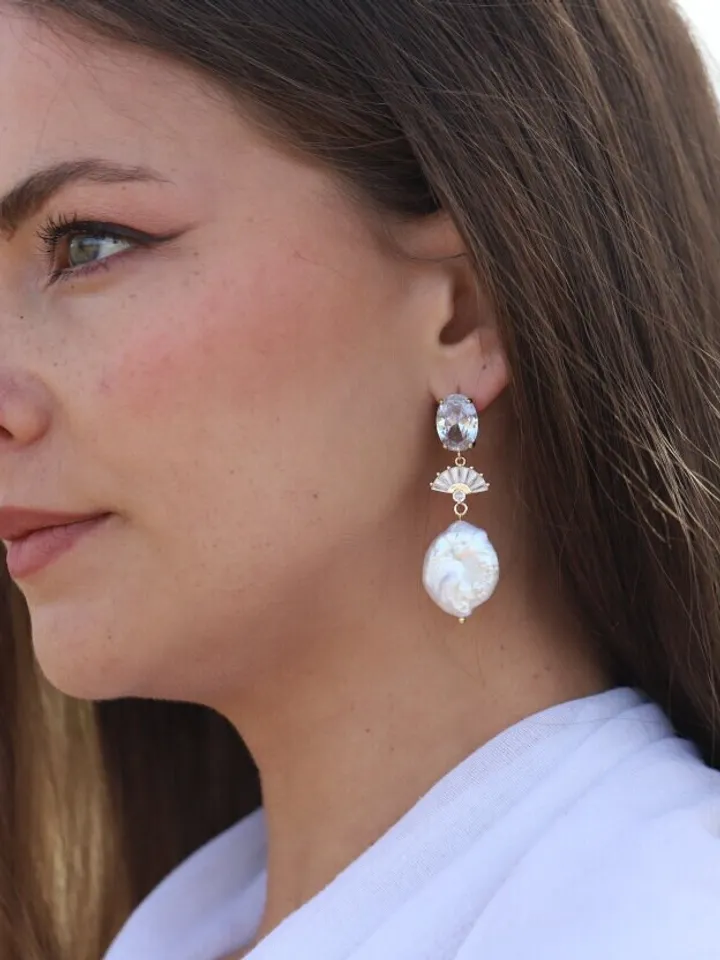 Big Baroque Pearl Art Deco Wedding Earrings, Gatsby Gold Bridal Earrings, Boho Wedding Earrings, Swarovski Statement Jewelry, 1920s Jewelry