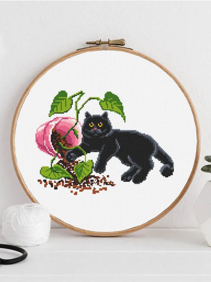 Black cat and plants cross stitch pattern PDF download Funny cat cross stitch chart, House plant pattern digital PDF, Cat lover gift #K46