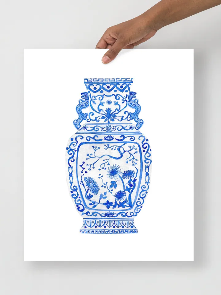 Blue And White Ginger Jar Vase Set Of 3  Watercolor Rabbit Asian Art Gift For Her Chinese Porcelain Vase Prints Classic  Porcelain Art Print