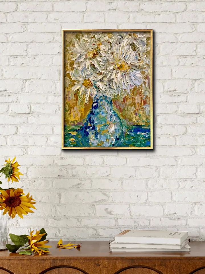 Daisies original oil impasto style painting,flowers in a vase oil painting,one of a kind original painting on 3 d canvas,flowers wall art