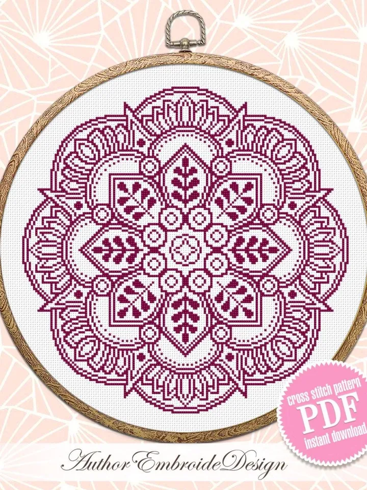 Flower mandala cross stitch pattern PDF download Mandala ornament cross stitch chart Monochrome mandala pattern digital PDF Home decor #M282