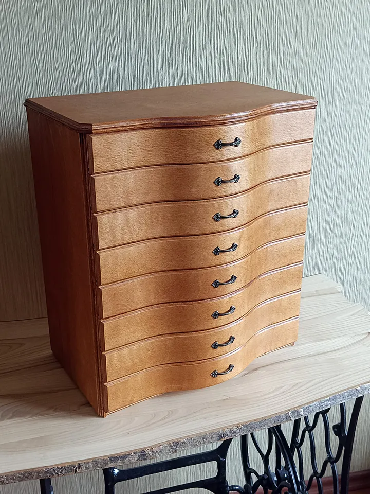 Floss storage cabinet for DMC floss bobbins and skeins, Stitching drawer box with curved faces in vintage style