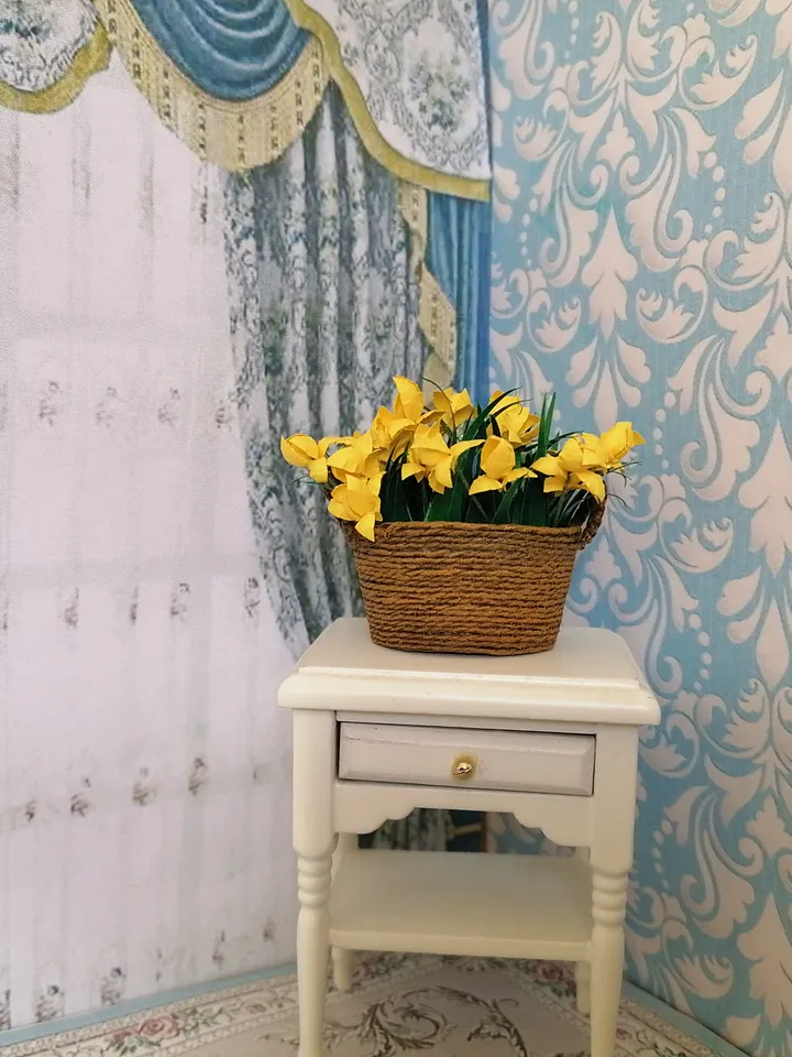 Flowers in a basket. Dollhouse miniature. Handmade. 1:12.