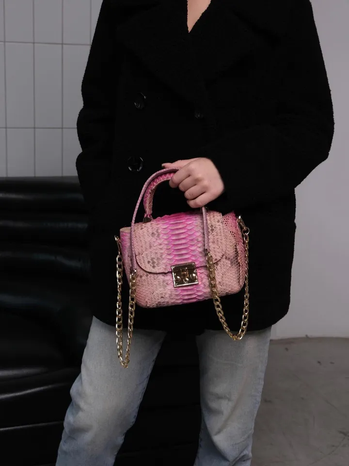 Genuine python top handle bag / designer bag / exotic leather bag / baby pink multicolor summer bag / snake print designer classy purse