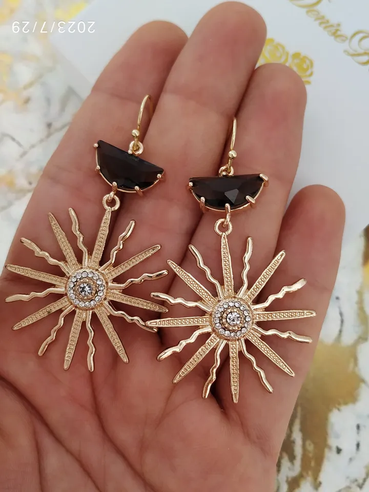 Art Deco Wedding Earrings, Gold Black Boho Bridal Earrings, Sun Celestial Statement Wedding Earrings For Bride, Star Bridal Earrings Jewelry