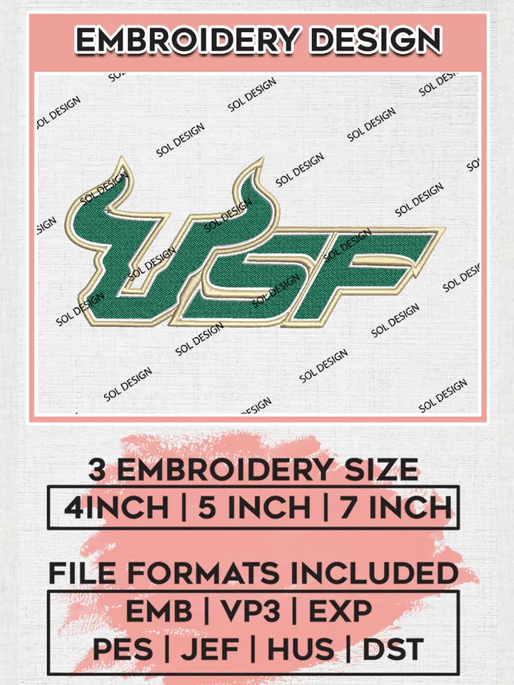 NCAA SF Bulls Team Logo Embroidery Design Files, NCAA South Florida Bulls Machine Embroidery, NCAA Teams, 3 sizes, NCAA Machine embroidery designs, Digital Download